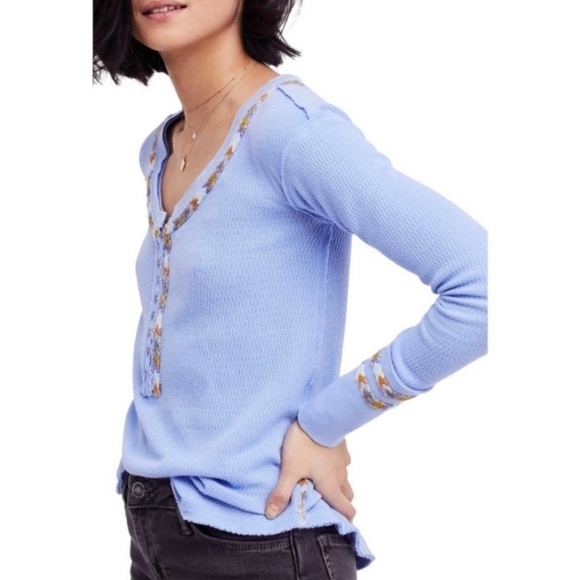 Free People Embroidered Thermal Top Light Blue Rainbow Geometric Color Trim. - Picture 1 of 7
